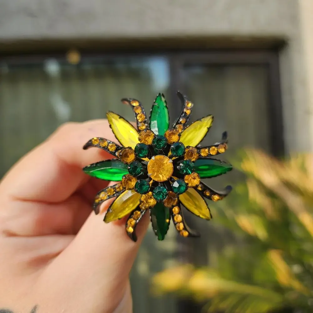 Vtg Selro Selini Brooch Japanned Amber Green Yellow Glass Marquise Rhinestones